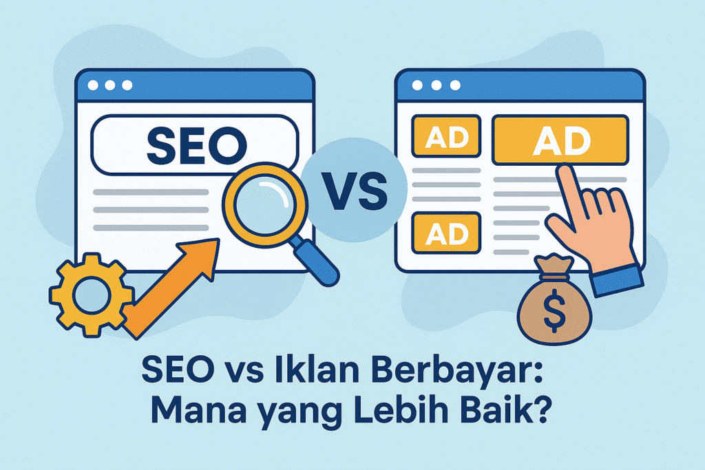 Ilustrasi perbandingan antara SEO dan iklan berbayar, menampilkan dua jendela browser; satu bertuliskan SEO dengan ikon kaca pembesar dan roda gigi, yang lain bertuliskan AD dengan ikon tangan mengklik dan kantong uang.
