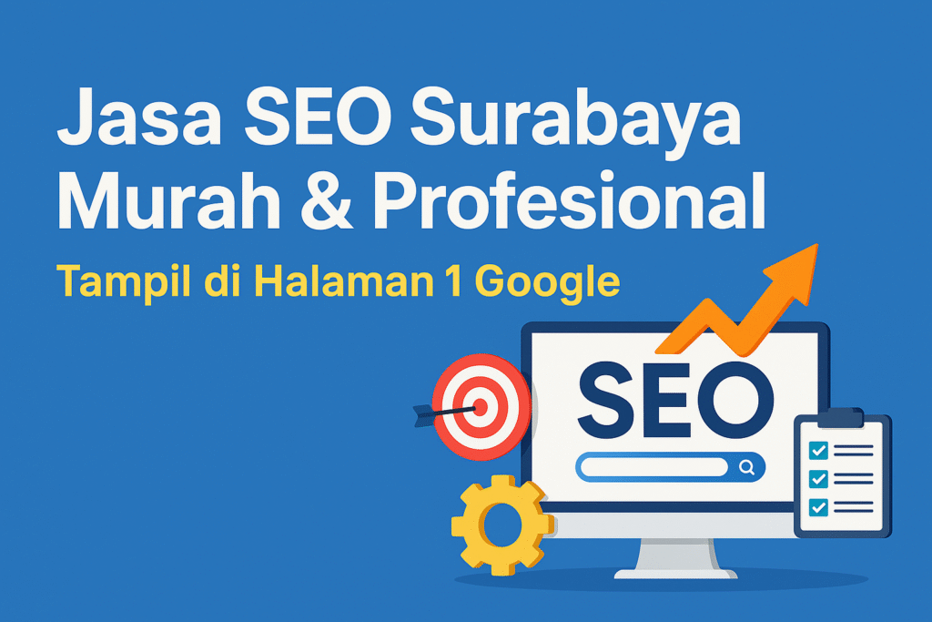 Ilustrasi digital Jasa SEO Surabaya murah dan profesional dengan teks “Tampil di Halaman 1 Google” dan elemen grafis bertema SEO.