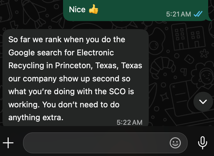 Client message confirming the SEO results delivered for Complete PC World