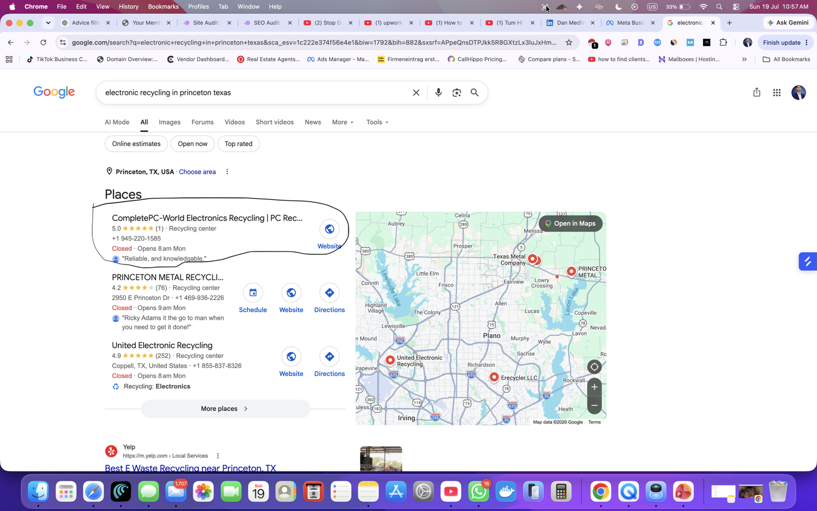Google search result showing the client ranking second for electronic recycling in Princeton, Texas