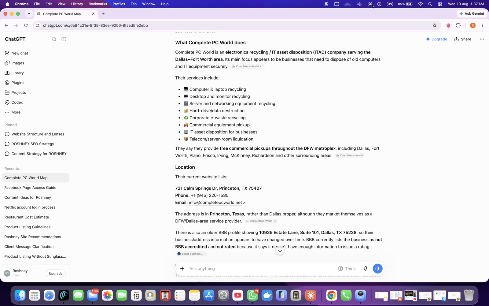 ChatGPT answer recommending the client business, showing AI search visibility